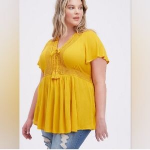 Torrid Babydoll Crinkle Gauze Crochet Inset Lace-Up Top